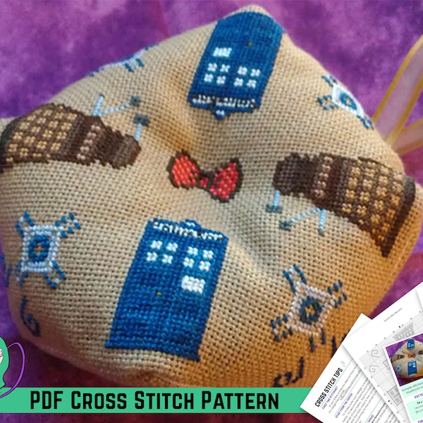 Biscornu Cross Stitch Pattern - Doctor Who Pin Cushion / Ornament - Tardis and Dalek Square Design - DIY Sewing Accessory