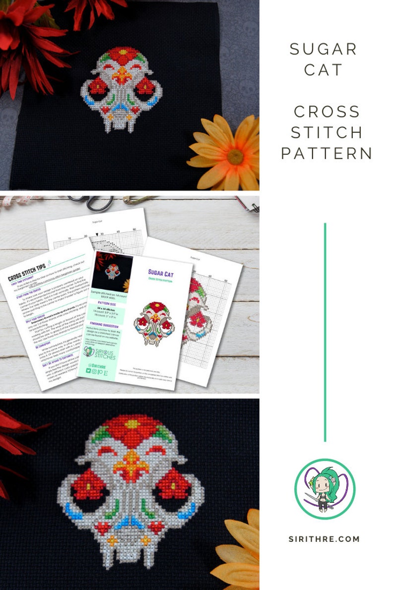 May include: Cross stitch pattern for a sugar skull cat with red, white, blue, yellow, and green embroidery floss. The pattern is called "Sugar Cat" and is available as a digital download. The pattern is on a white background with a black border.