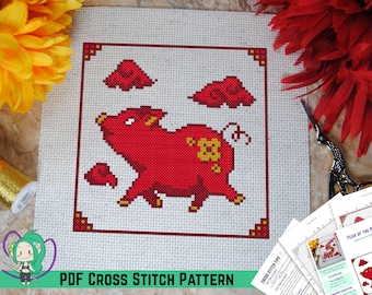 Year of the Pig Cross Stitch Pattern - Chinese New Year Inspired Design - Lunar Zodiac Animals - Designed w/ DMC Diamant or Light Effects