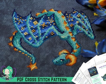 Cosmic Dragon Cross Stitch Pattern - Draconic Starry Galaxy -  Myth Inspired Design - DIY Fantasy Decor
