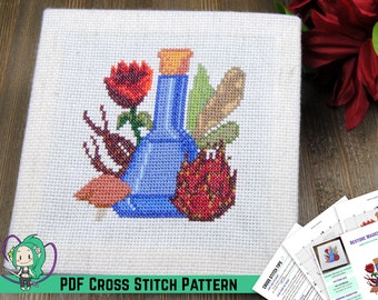 Skyrim Cross Stitch Pattern - Elder Scrolls Restore Magicka Potion Bottle Design - Alchemy Table Ingredients - DIY Nerdy Game Room Decor