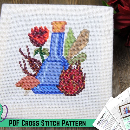 Skyrim Cross Stitch Pattern - Elder Scrolls Restore Magicka Potion Bottle Design - Alchemy Table Ingredients - DIY Nerdy Game Room Decor