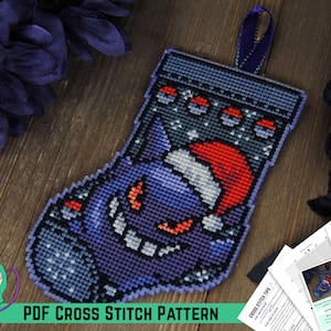 ポケモン クロスステッチ パターン - ゲンガー クリスマス ストッキング - ギフト カード ホルダー - ビデオゲームにインスパイアされたモダンなデザイン - DIY オタク デコレーション