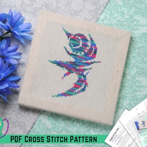 Puede incluir: Un patrón de punto de cruz PDF con un diseño abstracto colorido en tonos azules, verdes, rosas y morados. El patrón se muestra en un lienzo blanco e incluye instrucciones para el bordado.