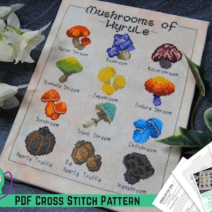 Zelda Pilze Kreuzstich Muster - Von Breath of the Wild inspiriert - Pilze aus Hyrule - Mykologie Botanisches Design - DIY Videospiel Dekor