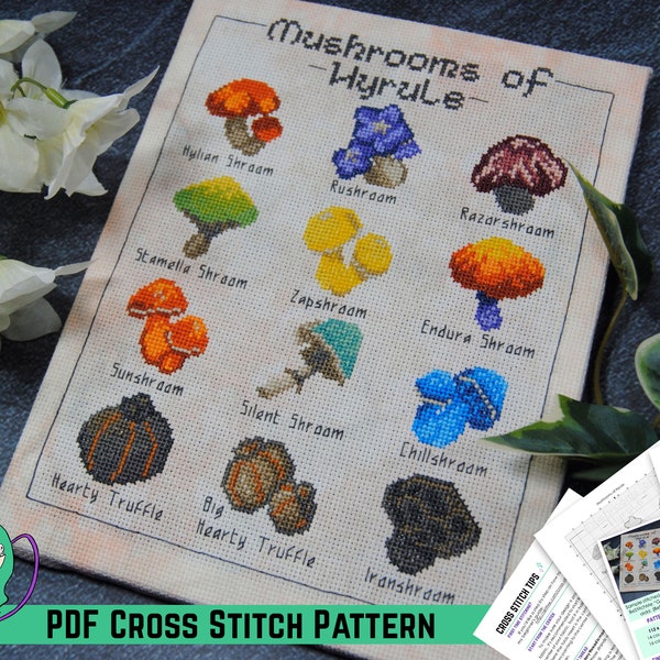 Zelda Mushrooms Cross Stitch Pattern - Breath of the Wild Inspired - Fungi of Hyrule - Mycology Botanical Design -  DIY Video Game Decor