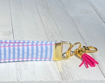 Seersucker Fabric Keychain Wristlet, Key accessories, Preppy Keychain, Key Fob, Gold Hardware Split Ring, Modern Gifts for Women
