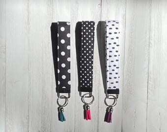 Polka Dot Fabric Wristlet, Black and White Keychain, Preppy Key Fob, Silver Key Accessories, Split Ring, Modern Gifts For Women