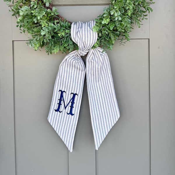 Monogram Blue Ticking, Blue Striped, Sash For Front Door, Embroidered Front Door Bow, Personalized Gift