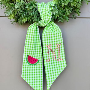Monogram Watermelon Wreath Sash, Summer Wreath Sash, Gingham Wreath Sash, Embroidered Front Door Bow, Initial Door Sash