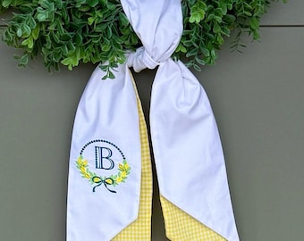 Lemon  monogrammed Wreath Sash, Wreath Sash For Front Door, Embroidered Front Door Bow, Initial Door Sash, Spring Decor, Mothers Day