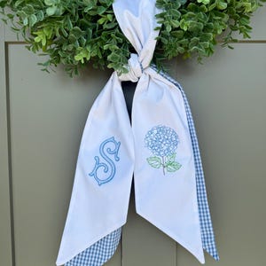 Blue hydrangea monogram Wreath Sash, Wreath Sash For Front Door, Embroidered Front Door Bow, Initial Door Sash, Spring Decor, Mothers Day