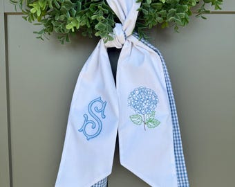 Blue hydrangea monogram Wreath Sash, Wreath Sash For Front Door, Embroidered Front Door Bow, Initial Door Sash, Spring Decor, Mothers Day