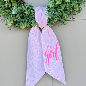 Baby Girl  announcement wreath sash, pink chinoiserie sash, It’s  a girl is  embroider toile wreath sash, basket bow, baby shower