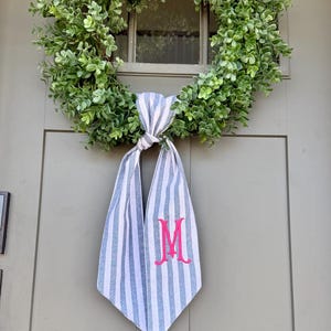 Monogram Blue Striped Wreath Sash, Wreath Sash For Front Door, Embroidered Front Door Bow, Initial Door Sash, Spring Decor, Easter
