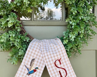 Monogrammed mallard duck tan check wreath sash, door ribbon, personalized gift