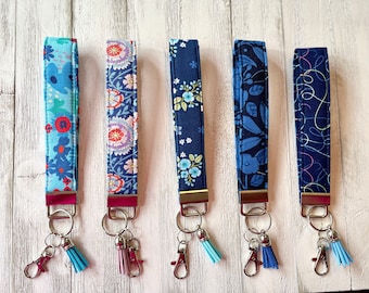 Wristlet Keychain, Silver Key Fob Wristlet, Blue Floral, Modern Keychain, Blue Keychain