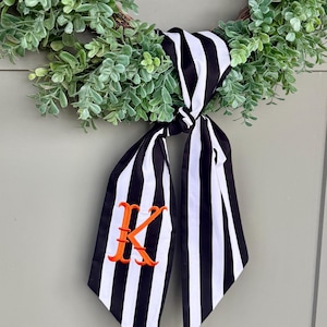 Black and White Striped Wreath Sash, Halloween Wreath Sash, door decor, door bow, front door style,  monogrammed