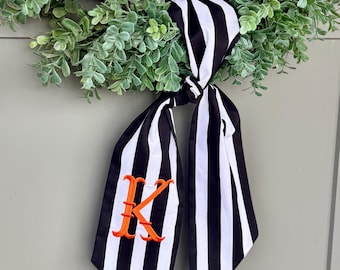Black and White Striped Wreath Sash, Halloween Wreath Sash, door decor, door bow, front door style,  monogrammed