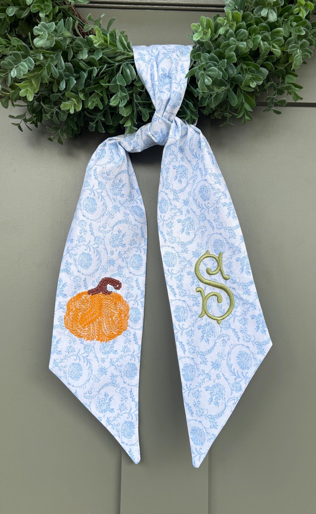Fall Monogrammed Blue Chinoiserie Sash, Personalized Toile Wreath Sash ...