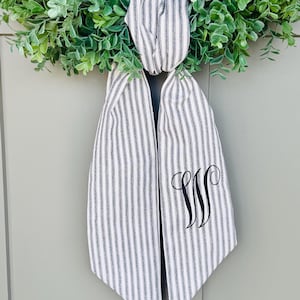 Monogram Black Ticking wreath sash, modern farmhouse, Black  Striped wreath ribbon,  Sash For Front Door, Embroidered Front Door Bow,