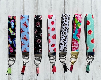 Wristlet Keychain, Key Fob Wristlet, Summer Keys, Lobsters, Strawberries, Flip Flop, Leopard Print, Lilly Floral, Fabric, Summer Fun