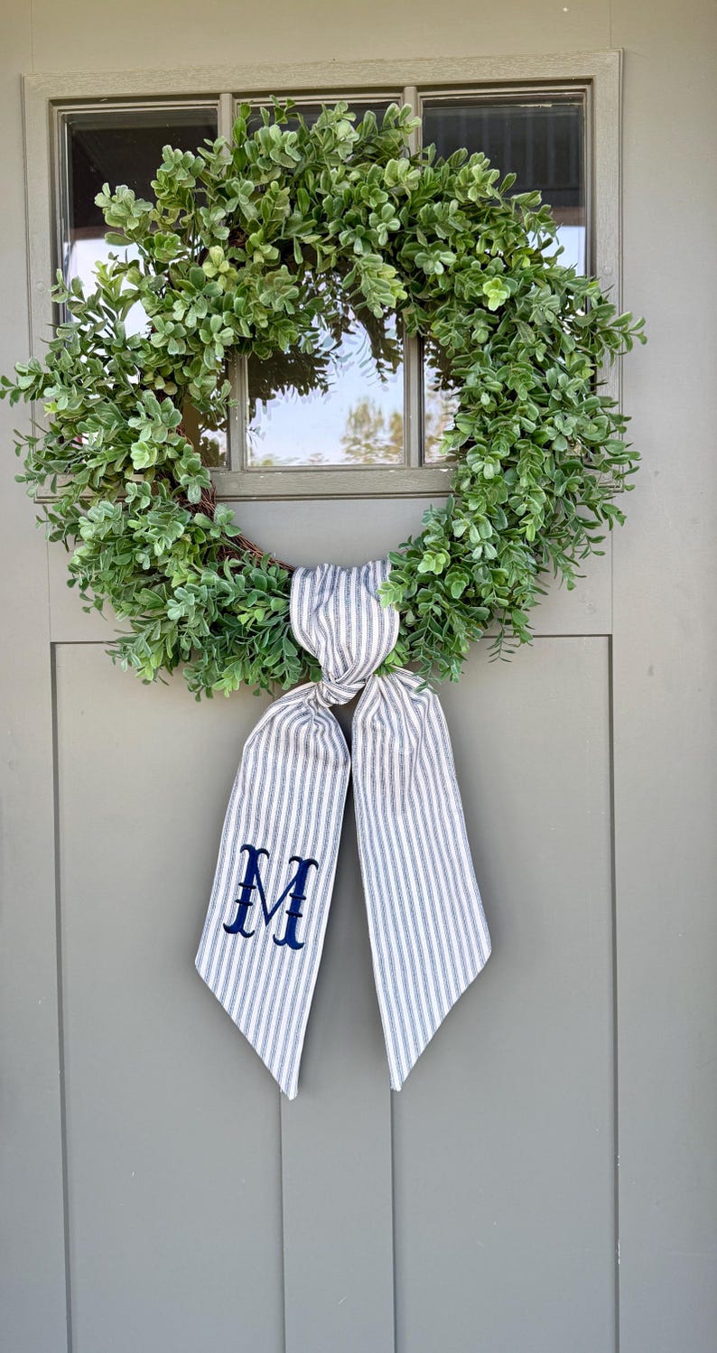 Monogram Blue Ticking, Blue Striped, Sash For Front Door, Embroidered Front Door Bow, Personalized Gift