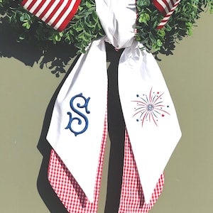 Patriotic monogrammed Wreath Sash, Wreath Sash For Front Door, Embroidered Front Door Bow, Americana decor, Memorial Day, Fourth of July