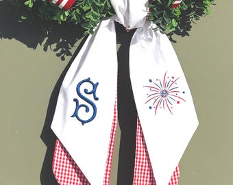 Patriotic monogrammed Wreath Sash, Wreath Sash For Front Door, Embroidered Front Door Bow, Americana decor, Memorial Day, Fourth of July