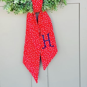 Monogram Red Star Wreath Sash, Wreath Sash For Front Door, Embroidered Front Door Bow, Initial Door Sash, 4th of July Decor, Patriotic