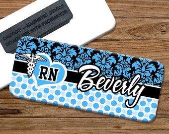 Blue Damask Polka Magnetic Name Badge, Magnetic Name Tag