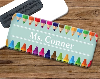 Teacher Colored Pencils Crayons Magnetic Name Tag Badge