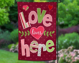 Love Lives Here Valentine Home Garden Banner 12"x18"