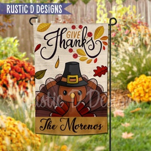 Give Thanks Thanksgiving Turkey Welcome Personalized Home Garden Banner 12&quot;x18&quot;