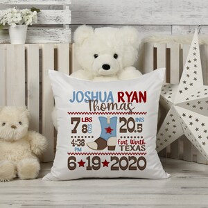 Cowboy Baby Stats Linen Fabric Personalized Pillow Cover