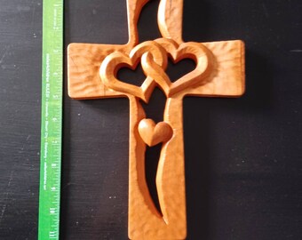 Wood Cross With Double Hearts Wall Hanging - Heart Cross - Wedding