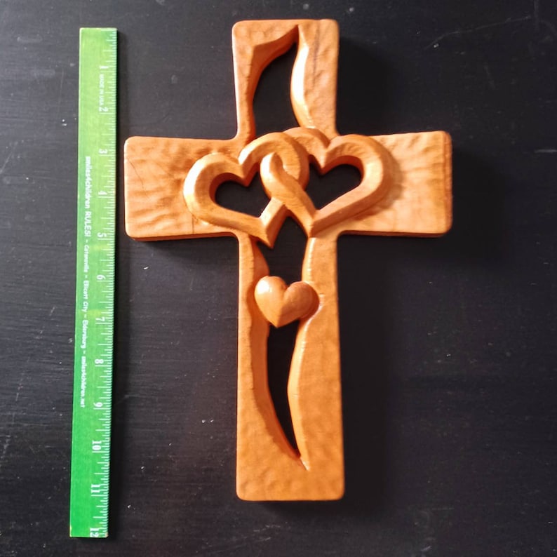 Double Hearts Cross Wall Hanging in Cherry Wood Perfect Wedding
