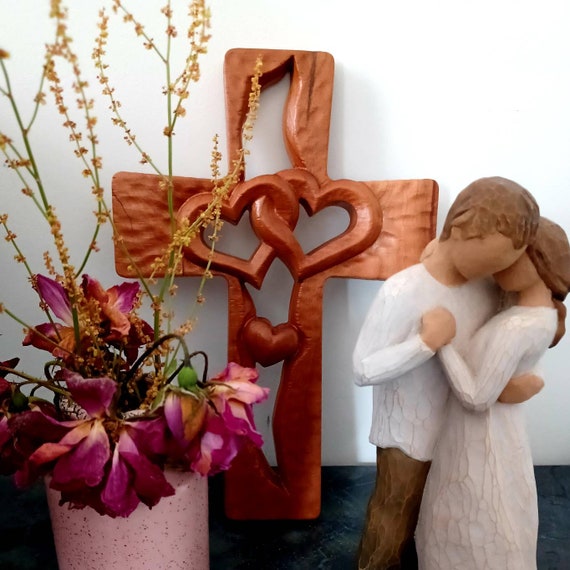 Wood Cross With Double Hearts Wall Hanging - Heart Cross - Wedding
