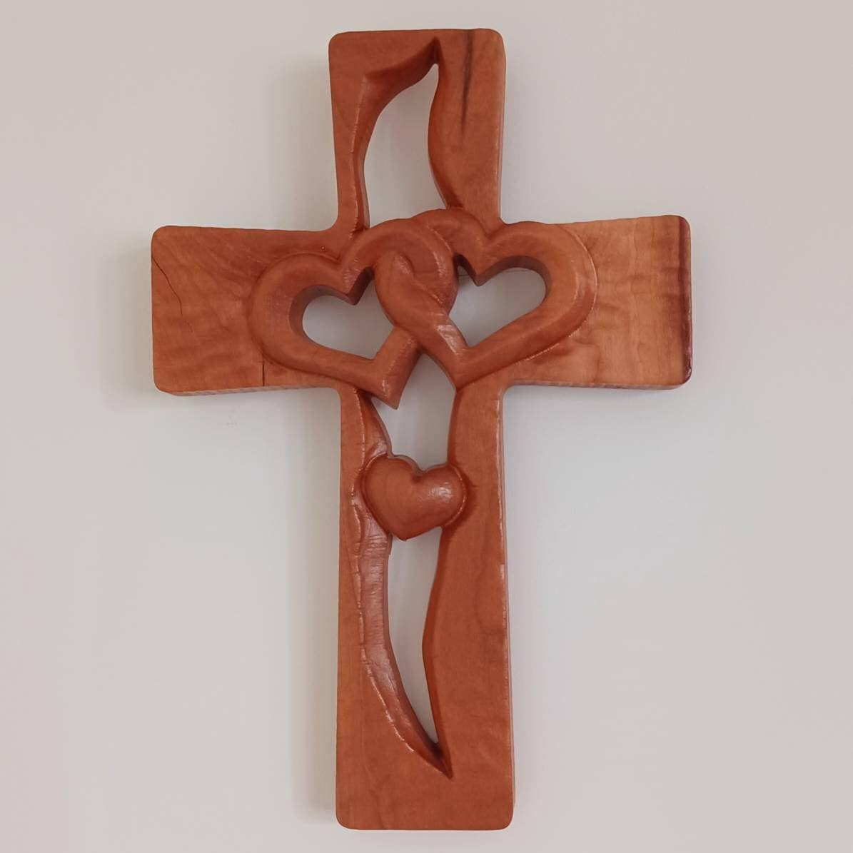 Wood Cross With Double Hearts Wall Hanging - Heart Cross - Wedding
