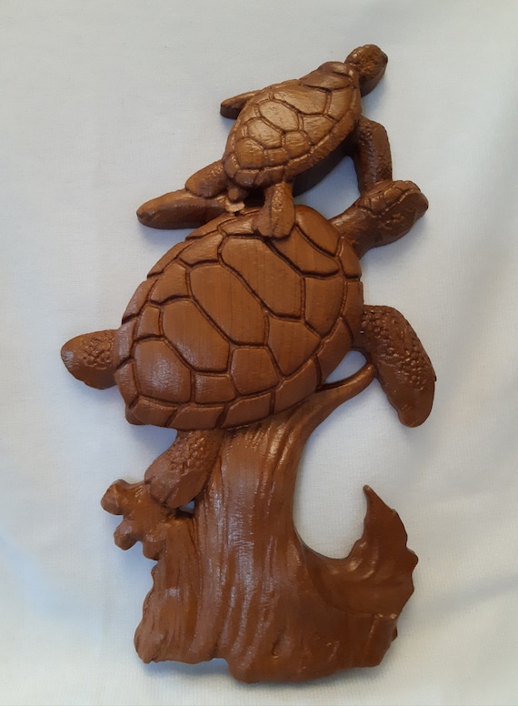 Two Turtles Carved in Wood Wall Hanging Mother and Child Turtles