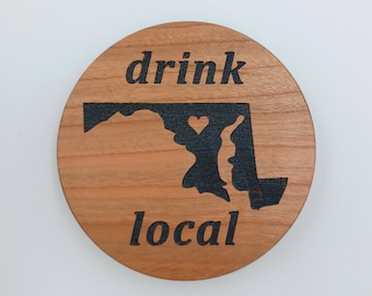 Drink Local Maryland Wood Coaster - Heart Maryland Coaster Wood