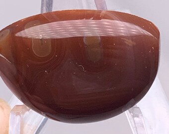 May include: A brown agate cabochon with white and brown banding. The cabochon is polished and has a smooth, rounded surface.