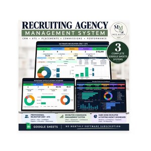 May include: A digital recruiting agency management system displayed on three screens, featuring Google Sheets dashboards for CRM, ATS, placements, commissions, and performance tracking. The interface includes colorful charts, data tables, and text labels.