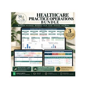 Puede incluir: Un paquete digital de operaciones para consultorios médicos en Google Sheets con tres sistemas profesionales. La pantalla muestra paneles para facturación médica, gestión de reclamos, capacitación de empleados, cumplimiento y seguimiento de proyectos.