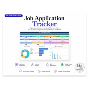 May include: A digital Job Application Tracker dashboard featuring a professional layout with colorful charts, data tables, and metrics. The interface includes sections for application status, interview tracking, and offer management, with text labels throughout.