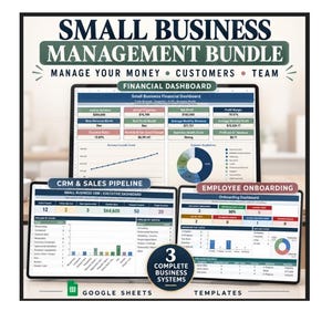Peut inclure: Un ensemble de gestion pour petites entreprises comprenant trois modèles numériques pour Google Sheets. L'affichage présente un tableau de bord financier, un CRM et pipeline de ventes, et un tableau de bord d'intégration des employés.