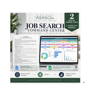 May include: A digital job search command center bundle featuring a resume template and a job application tracker. The graphic displays a laptop screen with data charts, a resume document, and text including Job Search Command Center and 2 Digital Career Tools.
