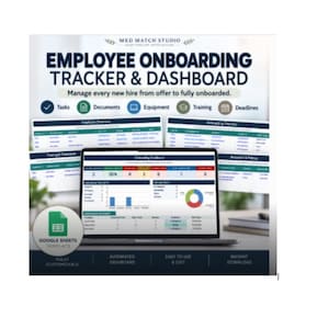 May include: A digital employee onboarding tracker and dashboard template for Google Sheets. The display features a laptop screen showing data tables, charts, and progress metrics, with text headers including Tasks, Documents, Equipment, Training, and Deadlines.