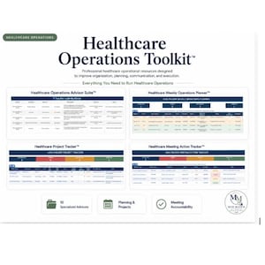 以下が含まれることがあります： Healthcare Operations Advisor Suite、Healthcare Weekly Operations Planner、Healthcare Project Tracker、Healthcare Meeting Action Trackerの4つのテンプレートを含むデジタルヘルスケア運用ツールキット。アドバイザー、計画、説明責任を示すアイコンが表示されています。