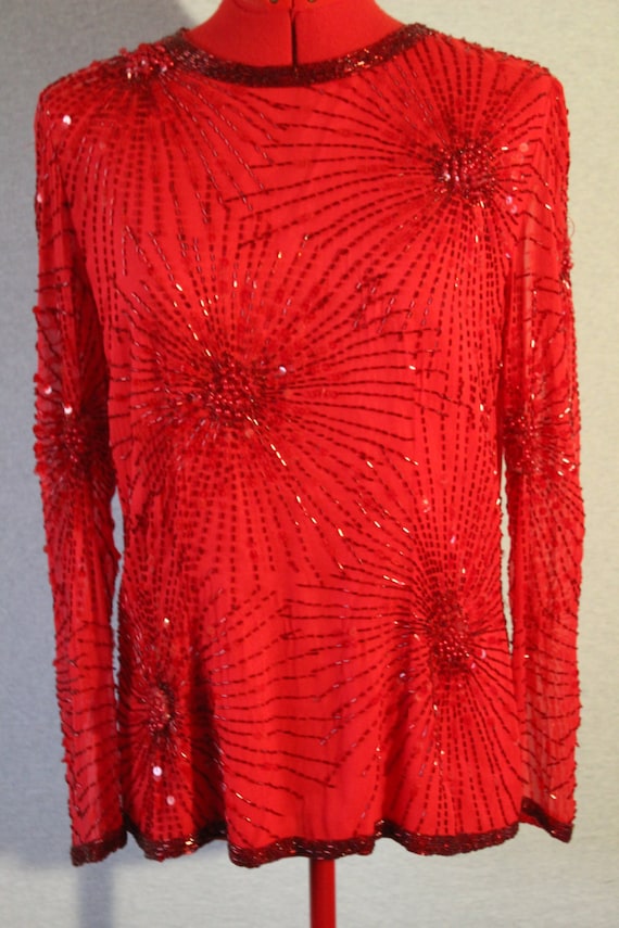 RARE Oleg Cassini Red Glass Bead & Sequin Blouse/… - image 1